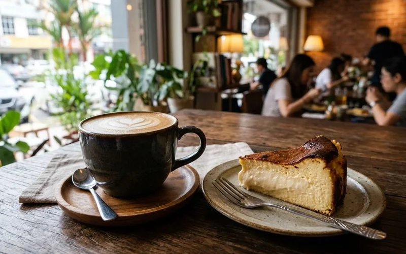 Assortment of brunch dishes and coffee drinks on a wooden cafe table showing generous portion sizes and coffee latte art