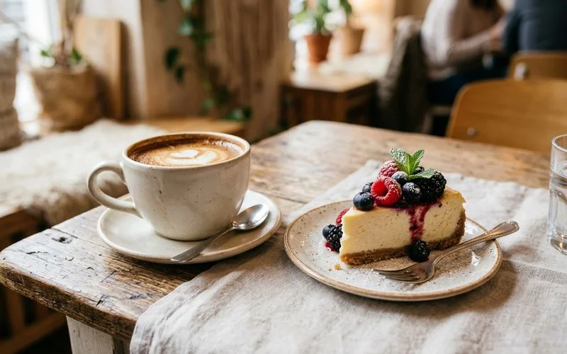 Close-up of a latte with visible latte art next to a slice of cake on a wooden cafe table