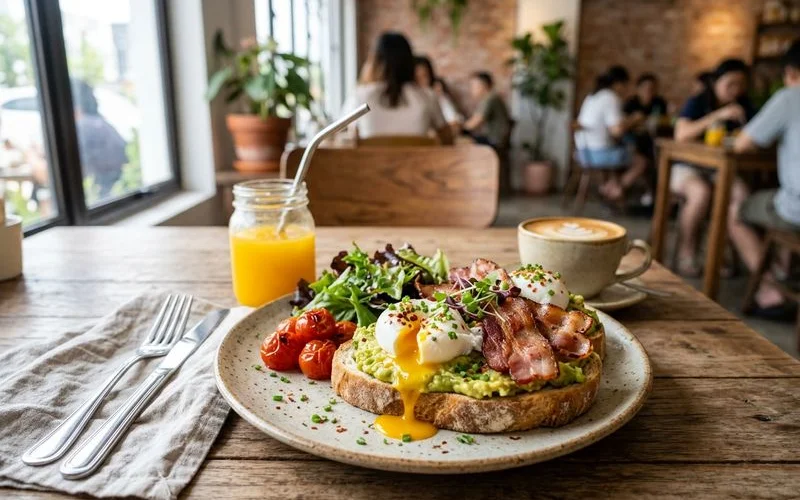 Close-up of a generous brunch plate and a latte with latte art on a wooden cafe table near a window