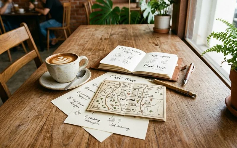 A laptop and coffee cup on a cafe table showing a directory website with a list of Puchong cafes and ratings