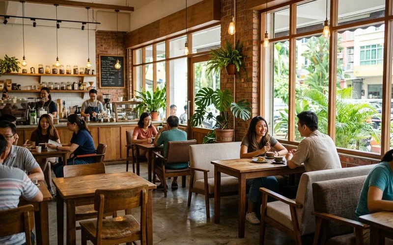 A busy Puchong cafe interior with customers working on laptops near a espresso bar and pastry display case