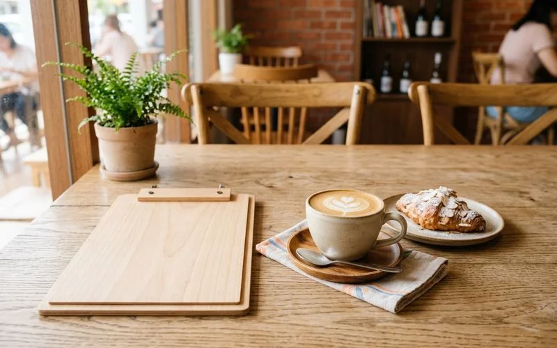 Interior view of a Puchong specialty coffee cafe with a barista working an espresso machine while customers work on laptops at communal tables